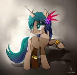 Size: 1107x1080 | Tagged: safe, artist:zidanemina, oc, oc only, oc:blue veil, pony, unicorn, abstract background, bedroom eyes, blue mane, bracelet, feather, jewelry, smiling, solo, veil