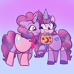 Size: 2048x2048 | Tagged: safe, artist:pfeffaroo, izzy moonbow, pinkie pie, earth pony, pony, unicorn, g4, g5, bag, candy bag, clothes, commission, costume, duo, duo female, fake horn, female, g4 to g5, gradient background, high res, izzy and her heroine, looking at each other, mare, mouth hold, raised hoof