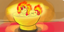 Size: 1024x512 | Tagged: safe, artist:horsesplease, sunset shimmer, fire pony, pony, unicorn, g4, bowl, fiery shimmer, fireplace, mane of fire, sleeping, smiling, walking campfire