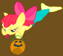 Size: 700x622 | Tagged: safe, artist:a8702131, apple bloom, earth pony, pony, g4, animal costume, clothes, costume, female, filly, fish costume, halloween, halloween costume, holiday, pumpkin bucket, simple background, solo, tired, tongue out