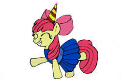 Size: 940x620 | Tagged: safe, artist:dreckerjones, apple bloom, earth pony, pony, g4, clothes, dress, female, filly, hat, party hat, solo