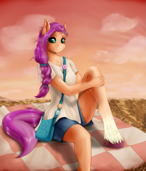 Size: 919x1080 | Tagged: safe, artist:shamziwhite, sunny starscout, earth pony, anthro, unguligrade anthro, g5, my little pony: a new generation, clothes, female, looking at you, picnic, shirt, shoulder bag, sitting, sky, solo
