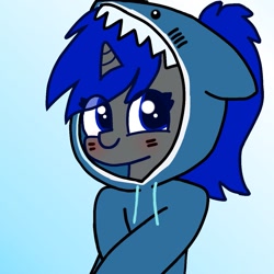 Size: 1125x1124 | Tagged: safe, artist:two2sleepy, oc, oc only, oc:dream vezpyre, oc:dream², pony, shark, unicorn, blue background, blushing, clothes, cute, female, floppy ears, gradient background, hoodie, mare, simple background, smiling, solo