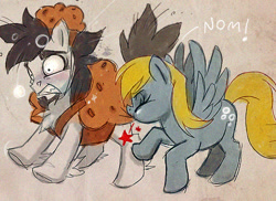 Size: 500x364 | Tagged: safe, artist:thegamercolt, derpy hooves, oc, oc:thegamercolt, earth pony, pegasus, pony, g4, biting, chest fluff, clothes, costume, cutie mark, food, halloween, holiday, muffin, pain, surprised