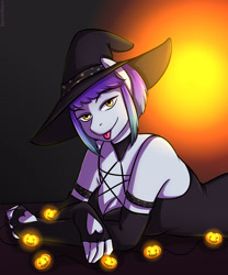 Size: 2500x3000 | Tagged: safe, artist:squishheart, oc, oc only, oc:slap hard, anthro, :p, breasts, cleavage, clothes, costume, evening gloves, fingerless elbow gloves, fingerless gloves, gloves, halloween, halloween costume, hat, high res, holiday, long gloves, solo, tongue out, witch hat