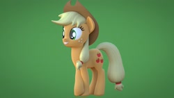 Size: 3840x2160 | Tagged: safe, artist:wissle, applejack, earth pony, pony, g4, 3d, applejack's hat, blender, cowboy hat, crossed legs, cute, female, happy, hat, high res, mare, simple background, smiling, solo