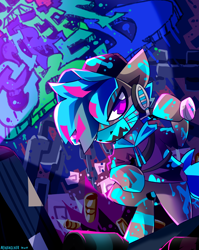 Size: 1992x2500 | Tagged: safe, artist:nekosnicker, oc, oc only, oc:street cred, pony, bag, baseball bat, bipedal, bodypaint, clothes, commission, face mask, graffiti, hat, headset, hoodie, mask, neon, solo