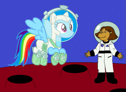 Size: 599x439 | Tagged: safe, artist:guihercharly, rainbow dash, ape, pegasus, pony, g4, arthur, astrodash, astronaut, clothes, costume, crossover, duo, flying, francine frensky, space, space helmet, spacesuit