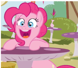 Size: 677x592 | Tagged: safe, edit, edited screencap, screencap, pinkie pie, earth pony, pony, g4, animated, excited, female, gif, mushroom table, open mouth, shaking, solo, vibrating like a broken washing machine