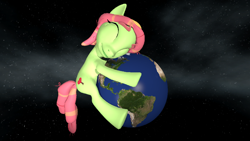 Size: 1078x606 | Tagged: safe, artist:that1guy, tree hugger, earth pony, pony, g4, 3d, earth, female, giant pony, giantess, hug, macro, mare, pony bigger than a planet, smiling, source filmmaker, space