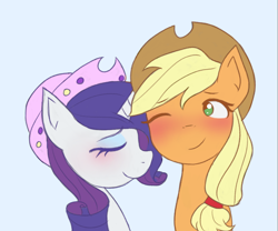 Size: 1920x1600 | Tagged: safe, artist:sunnyroop23, applejack, rarity, earth pony, pony, unicorn, g4, applejack's hat, blushing, cowboy hat, eyes closed, female, hat, lesbian, mare, one eye closed, ship:rarijack, shipping, simple background, snuggling