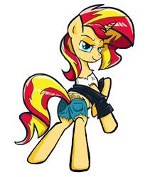Size: 952x1060 | Tagged: safe, artist:sallycars, sunset shimmer, pony, unicorn, g4, bedroom eyes, bipedal, butt, clothes, female, looking at you, looking back, looking back at you, mare, plot, shirt, shorts, simple background, solo, t-shirt, tattoo, torn clothes, white background