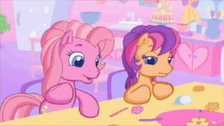 Size: 1280x720 | Tagged: safe, screencap, pinkie pie (g3), scootaloo (g3), sweetie belle (g3), earth pony, pony, unicorn, g3, g3.5, twinkle wish adventure, animated, female, pipe cleaners, rock, sound, webm