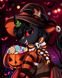 Size: 2550x3209 | Tagged: safe, artist:pridark, part of a set, oc, oc only, oc:gossamer, kirin, bucket, candy, clothes, commission, costume, curved horn, food, halloween, hat, high res, holiday, horn, jack-o-lantern, kirin oc, male, part of a series, pumpkin, pumpkin bucket, red eyes, socks, solo, striped socks, witch hat, ych result