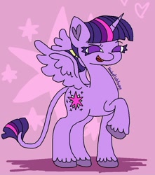 Size: 768x869 | Tagged: safe, artist:bloodysticktape, twilight sparkle, alicorn, pony, g4, backwards cutie mark, colored hooves, heart ears, leonine tail, no pupils, ponytail, raised hoof, smug, solo, twilight sparkle (alicorn), unshorn fetlocks