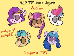 Size: 1280x960 | Tagged: safe, artist:timberwoofarts, hitch trailblazer, izzy moonbow, pipp petals, sunny starscout, zipp storm, earth pony, pegasus, pony, unicorn, g5, my little pony: a new generation, advertisement, auction, commission, female, implied transformation, implied transgender transformation, male, mane five, mask, your character here