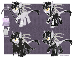 Size: 2693x2092 | Tagged: safe, artist:kellysweet1, oc, oc only, oc:grimm fable, alicorn, pony, alicorn oc, bag, bandage, boots, chess piece, choker, cloak, clothes, deaf, ear piercing, earring, eyebrow piercing, eyeshadow, female, fingerless gloves, gas mask, gloves, grim reaper, grin, hearing aid, high res, horn, jacket, jewelry, leather jacket, lip piercing, makeup, mare, mask, necklace, piercing, raised hoof, raised leg, reference sheet, ripped stockings, scythe, shoes, smiling, socks, solo, spiked choker, spiked wristband, spikes, stockings, sweater, tablet, thigh highs, torn clothes, torn socks, wings, wristband