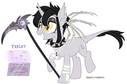 Size: 3467x2317 | Tagged: safe, artist:kellysweet1, derpibooru exclusive, oc, oc only, oc:grimm fable, alicorn, pony, alicorn oc, bandage, chess piece, choker, deaf, ear piercing, earring, eyebrow piercing, eyeshadow, female, grim reaper, grin, hearing aid, high res, horn, jewelry, lip piercing, makeup, mare, necklace, piercing, raised hoof, raised leg, scythe, simple background, smiling, solo, spiked choker, tablet, transparent background, wings