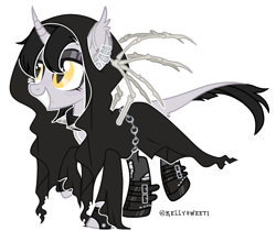 Size: 2764x2317 | Tagged: safe, artist:kellysweet1, derpibooru exclusive, oc, oc only, oc:grimm fable, alicorn, pony, alicorn oc, belt, boots, chains, chess piece, choker, cloak, clothes, deaf, ear piercing, earring, eyebrow piercing, eyeshadow, female, fingerless gloves, gloves, grim reaper, grin, hearing aid, high res, horn, jewelry, lip piercing, makeup, mare, necklace, piercing, raised hoof, raised leg, ripped stockings, shoes, simple background, smiling, socks, solo, spiked choker, stockings, thigh highs, torn clothes, torn socks, transparent background, wings