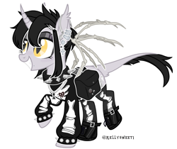 Size: 2764x2317 | Tagged: safe, artist:kellysweet1, derpibooru exclusive, oc, oc only, oc:grimm fable, alicorn, pony, alicorn oc, bag, boots, chess piece, choker, clothes, deaf, ear piercing, earring, eyebrow piercing, eyeshadow, female, grim reaper, grin, hearing aid, high res, horn, jewelry, lip piercing, makeup, mare, necklace, piercing, raised hoof, raised leg, shoes, simple background, smiling, socks, solo, spiked choker, spiked wristband, stockings, sweater, thigh highs, transparent background, wings, wristband