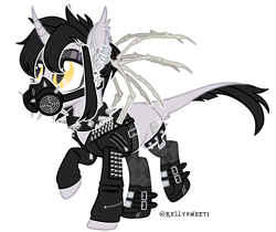 Size: 2764x2317 | Tagged: safe, artist:kellysweet1, derpibooru exclusive, oc, oc only, oc:grimm fable, alicorn, pony, alicorn oc, boots, chess piece, choker, clothes, deaf, ear piercing, earring, eyebrow piercing, eyeshadow, female, gas mask, grim reaper, hearing aid, high res, horn, jacket, jewelry, leather jacket, lip piercing, makeup, mare, mask, necklace, piercing, raised hoof, raised leg, shoes, simple background, socks, solo, spiked choker, spikes, stockings, thigh highs, transparent background, wings