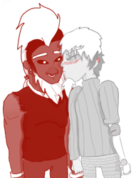 Size: 500x653 | Tagged: artist needed, safe, discord, lord tirek, human, g4, blushing, cheek kiss, clothes, disrek, drawing, ear piercing, earring, gay, humanized, jewelry, kissing, male, nose piercing, nose ring, piercing, septum piercing, shipping, sweater, tirekcord, white hair