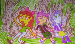 Size: 1280x751 | Tagged: safe, artist:dex stewart, apple bloom, scootaloo, sweetie belle, equestria girls, g4, cutie mark crusaders, traditional art