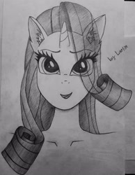 Size: 2496x3216 | Tagged: safe, artist:larlim, rarity, unicorn, anthro, g4, bust, female, high res, mare, monochrome, pencil, portrait, solo, traditional art