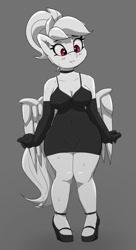 Size: 653x1200 | Tagged: safe, artist:pabbley, rainbow dash, pegasus, anthro, unguligrade anthro, g4, alternate hairstyle, black dress, breasts, busty rainbow dash, choker, cleavage, clothes, dress, evening gloves, female, gloves, gray background, grayscale, little black dress, long gloves, mare, monochrome, partial color, rainbow dash always dresses in style, simple background, solo, sweat, wide hips