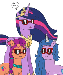 Size: 2052x2437 | Tagged: safe, artist:supahdonarudo, izzy moonbow, sunny starscout, twilight sparkle, alicorn, earth pony, pony, unicorn, g5, my little pony: a new generation, the last problem, crown, dialogue, high res, hoof shoes, jewelry, older, older twilight, older twilight sparkle (alicorn), princess twilight 2.0, regalia, simple background, speech bubble, sunglasses, sunny and her heroine, transparent background, trio, twilight sparkle (alicorn)