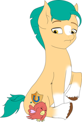 Size: 470x700 | Tagged: safe, artist:lullabyjak, hitch trailblazer, bird, earth pony, pony, g5, my little pony: a new generation, critter magnet, eyes closed, looking down, male, simple background, solo, stallion, wip