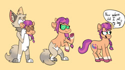 Size: 1280x721 | Tagged: safe, artist:timberwoofarts, sunny starscout, oc, oc:auralia, earth pony, goo, pony, anthro, g5, my little pony: a new generation, anthro oc, anthro to pony, character to character, commission, female, furry, furry oc, furry to pony, hypnosis, kaa eyes, male, male to female, mask, pubic fluff, rule 63, sequence, simple background, speech bubble, transformation, transformation sequence, transgender transformation