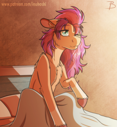 Size: 922x1000 | Tagged: safe, artist:inuhoshi-to-darkpen, sunny starscout, earth pony, pony, g5, my little pony: a new generation, bed, bed mane, bedsheets, cheek fluff, chest fluff, coat markings, ear fluff, female, fluffy, leg fluff, mare, messy mane, morning ponies, neck fluff, one eye closed, pillow, raised hoof, signature, sitting, smiling, socks (coat markings), solo, unshorn fetlocks