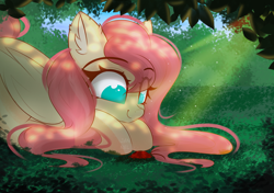 Size: 2480x1748 | Tagged: safe, artist:janelearts, fluttershy, insect, pegasus, pony, g4, crepuscular rays, ear fluff, female, grass, leaves, looking at something, mare, no pupils, smiling, solo