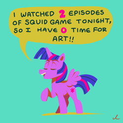 Size: 4500x4500 | Tagged: safe, artist:docwario, twilight sparkle, alicorn, pony, g4, 0, 2, eyes closed, open mouth, raised hoof, speech bubble, squid game, twilight sparkle (alicorn), twitober