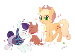 Size: 1200x900 | Tagged: safe, artist:sion, applejack, coloratura, winona, dog, earth pony, pony, g4, apple, blushing, chest fluff, cute, eyes closed, female, food, jackabetes, mare, music notes, open mouth, ponytober, rarabetes, simple background, smiling, tail, tail wag, tongue out, white background, winonabetes