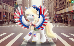 Size: 2048x1280 | Tagged: safe, artist:starspangledpony, oc, oc only, oc:star spangle, pegasus, pony, g5, my little pony: a new generation, american, bait, city, clothes, crosswalk, day, female, hat, pegasus oc, photoshop, real life background, solo, street