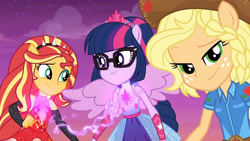 Size: 3410x1920 | Tagged: safe, screencap, applejack, sci-twi, sunset shimmer, twilight sparkle, equestria girls, equestria girls specials, g4, my little pony equestria girls: better together, my little pony equestria girls: rollercoaster of friendship, female, glasses, high res, holding hands, ponied up, smiling, super ponied up, wings