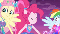 Size: 3410x1920 | Tagged: safe, screencap, fluttershy, pinkie pie, rainbow dash, equestria girls, equestria girls specials, g4, my little pony equestria girls: better together, my little pony equestria girls: rollercoaster of friendship, bare shoulders, eyes closed, female, high res, holding hands, open mouth, ponied up, sleeveless, smiling, wings