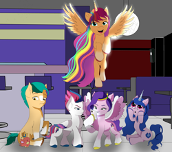 Size: 1370x1212 | Tagged: safe, artist:lullabyjak, hitch trailblazer, izzy moonbow, pipp petals, sunny starscout, zipp storm, alicorn, bird, earth pony, pegasus, pony, unicorn, g5, my little pony: a new generation, alicornified, artificial wings, augmented, bracelet, commission, eyes closed, flying, jewelry, looking up, magic, magic wings, mane five, nightclub, open mouth, race swap, sunnycorn, wings