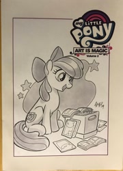 Size: 1478x2048 | Tagged: safe, artist:tony fleecs, apple bloom, earth pony, pony, g4, box, comics, cover, female, filly, solo, traditional art