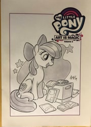 Size: 1478x2048 | Tagged: safe, artist:tony fleecs, apple bloom, earth pony, pony, g4, art is magic, box, comics, cover, female, filly, irl, photo, solo, traditional art