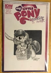 Size: 1440x2048 | Tagged: safe, artist:brenda hickey, apple bloom, earth pony, pony, g4, cover, eyepatch, female, filly, pirate, scimitar, solo, traditional art, treasure chest