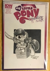 Size: 1440x2048 | Tagged: safe, artist:brenda hickey, apple bloom, earth pony, pony, friendship is magic #13, g4, cover, eyepatch, female, filly, pirate, scimitar, solo, traditional art, treasure chest