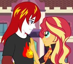 Size: 2262x1962 | Tagged: safe, artist:isekai, sunset shimmer, oc, oc:eternal flames, human, equestria girls, g4, blushing, canon x oc, canterlot high, clothes, commissioner:israelyabuki, duo, face to face, female, hand, looking at each other, male, music festival outfit, shipping, straight, sunseternal