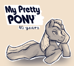 Size: 2118x1900 | Tagged: safe, artist:apatheticxaddict, retro leap, earth pony, pony, my pretty pony, anniversary, coat markings, cowboy hat, female, freckles, hat, logo, monochrome, simple background, solo, text