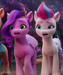 Size: 672x796 | Tagged: safe, screencap, pipp petals, sunny starscout, zipp storm, pegasus, pony, g5, my little pony: a new generation, confused, cropped, duo, duo focus, female, open mouth, royal sisters (g5), siblings, sisters