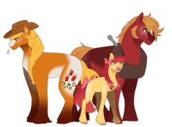Size: 4083x3040 | Tagged: safe, artist:cerulean-crow, apple bloom, applejack, big macintosh, earth pony, pony, g4, apple siblings, apple sisters, applejack's hat, bow, braided pigtails, brother and sister, coat markings, cowboy hat, female, filly, freckles, hat, male, mare, muttonchops, siblings, simple background, sisters, stallion, straw in mouth, tail, tail bow, tooth gap, transparent background, unshorn fetlocks