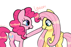 Size: 640x427 | Tagged: safe, artist:risswm, fluttershy, pinkie pie, earth pony, pegasus, pony, g4, boop, cute, diapinkes, ponytober, shyabetes, simple background, white background