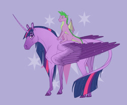 Size: 1280x1058 | Tagged: safe, artist:soaringdragonpl, spike, twilight sparkle, alicorn, dragon, horse, pony, g4, cutie mark background, dragons riding ponies, duo, female, hoers, large wings, leonine tail, male, mare, riding, spike riding twilight, tail, twilight sparkle (alicorn), winged spike, wings